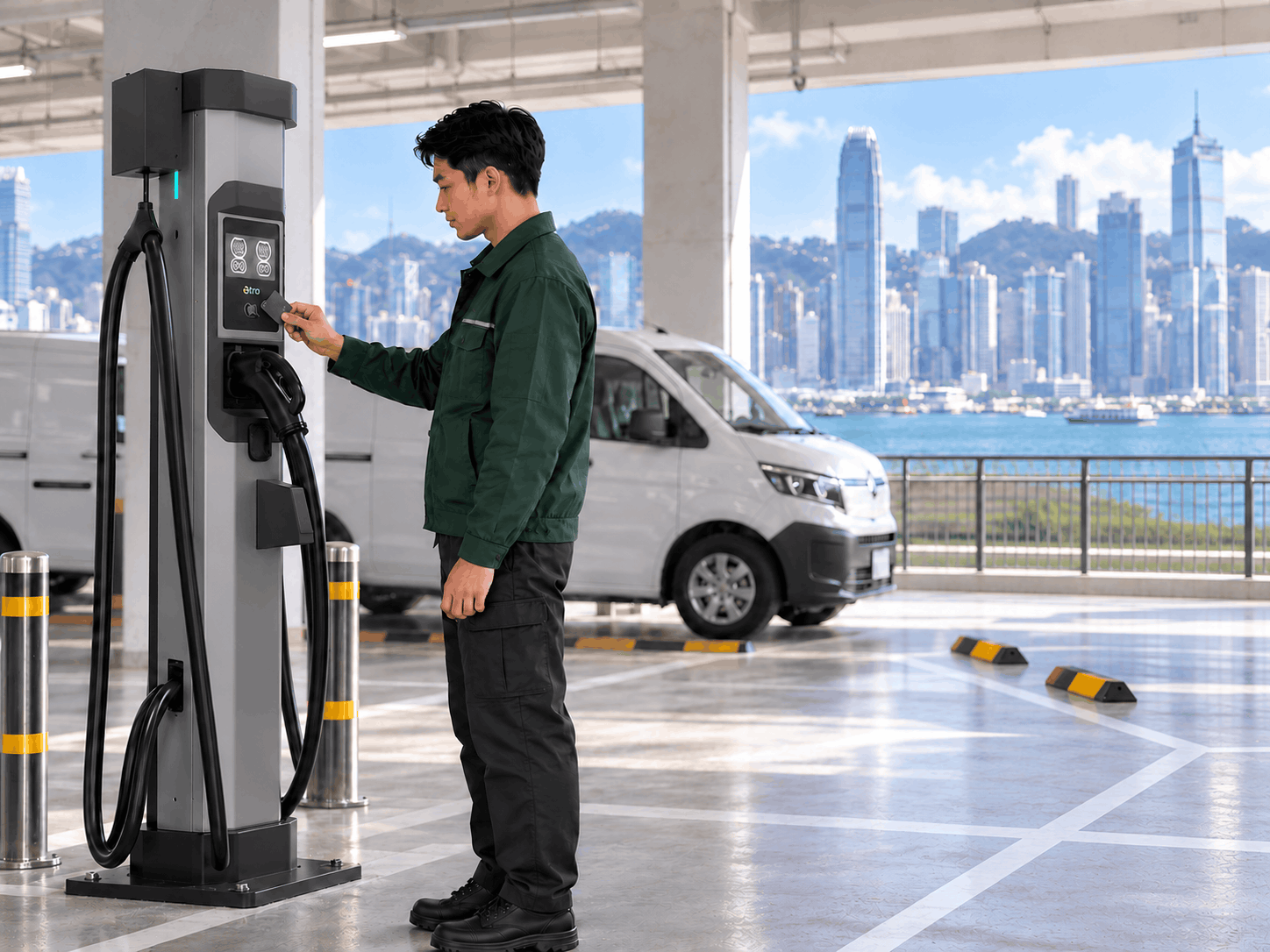 香港海港天際線旁的企業車隊司機使用 EVPro 充電機拍 RFID 卡啟動充電